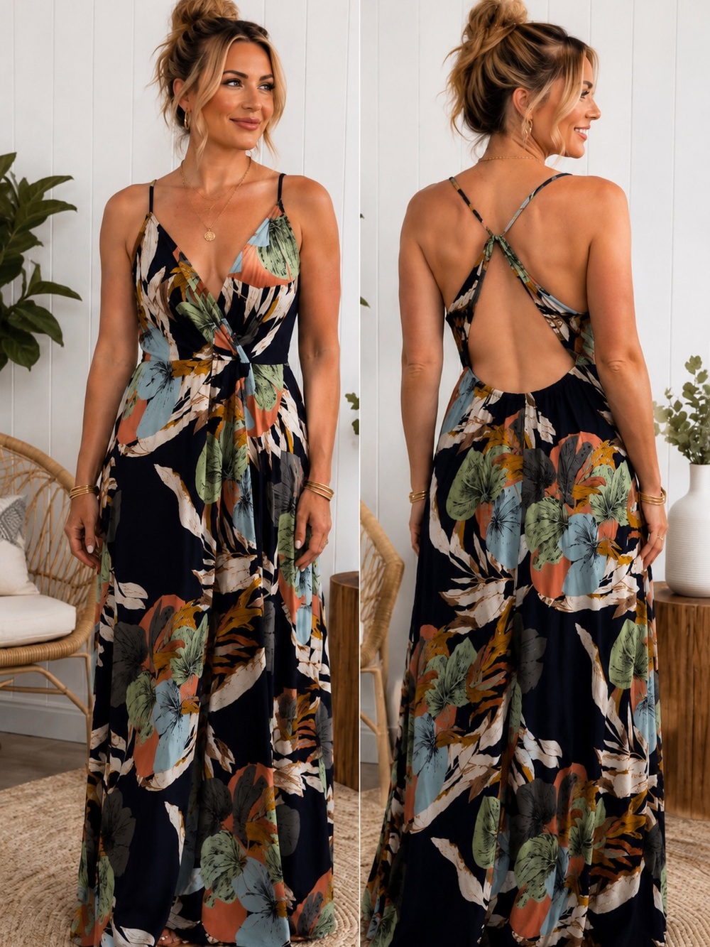 Tropical Print Open Back Maxi Dress | Resort Vacation Dress | Size L/XL